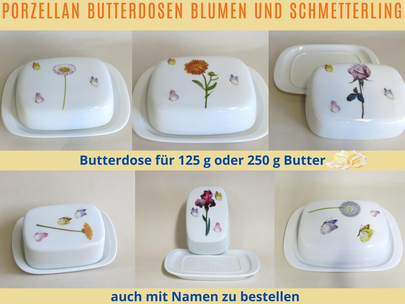 Porzellan Butterdose für 125 g oder 250g Butter, mit Blumen und zarten Schmetterlingen,personalisierbar, Geschenkidee Geburtstag, Ostern Iris lila+Schmetter.