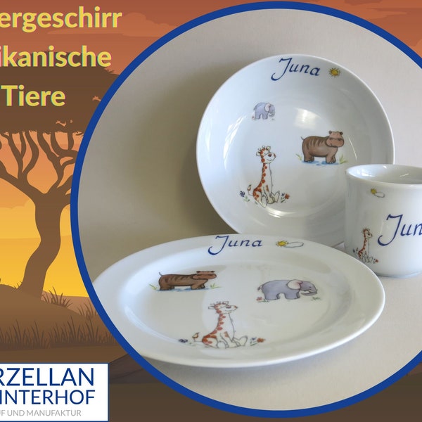 Afrikanische Tiere, Elefant, Nilpferd und Giraffenbaby Kinderporzellan mit Namen personalisiert zum Geburtstag, Taufe, Weihnachten, Ostern