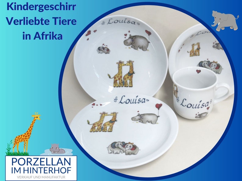 Porzellan Kindergeschirr: Verliebte Afrikanische Tiere mit Namen personalisiert. Geschenk für Geburtstag Weihnachten Ostern Taufe Geburt image 10