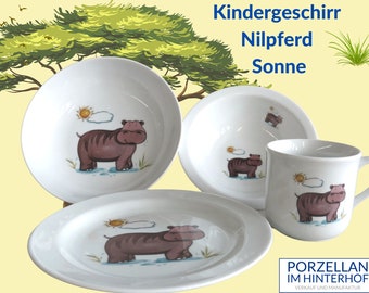 Kindergeschirr aus Porzellan: Nilpferd mit Sonne, schönes Geschenk zum Geburtstag, zu Weihnachten und zu Ostern, zur Einschulung, Afrika,