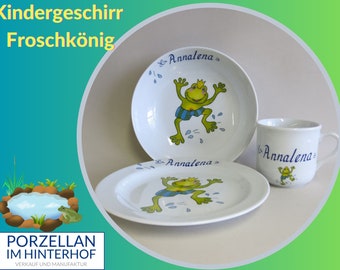 Porzellan mit Froschkönig Geschirrset für Kinder, mit oder ohne Namen, personalisierbar. Geschenk zu Weihnachten, Ostern, Geburtstag, Taufe