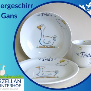 Personalisiertes Porzellanset für Kinder mit der coolen Gans. Geschenk zu Ostern, Weihnachten, Geburtstag, Taufe, Einschulung, Bild 1