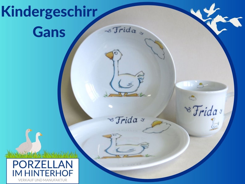 Personalisiertes Porzellanset für Kinder mit der coolen Gans. Geschenk zu Ostern, Weihnachten, Geburtstag, Taufe, Einschulung, Bild 1