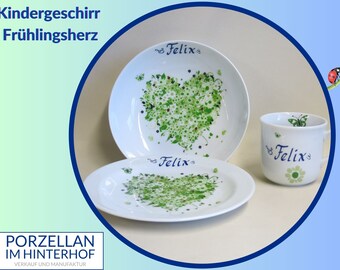 Porzellan Set grünes Frühlingsherz mit Namen personalisiert, Geschenkidee für die Taufe , Geburtstag, Weihnachten, Ostern