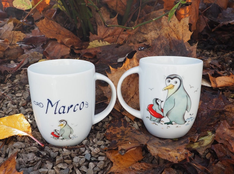 Pinguinmama und Küken auf Porzellan Kindergeschirr mit Namen. Nette Pinguinfamilie auf Sets toll als Geschenk zu Ostern, Weihnachten, Taufe Bild 5