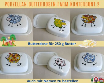 Porzellan Butterdosen Lustige Tiere von der kunterbunten Farm: Kühe, Schafe, Schweinchen, Pferdchen, personalisierbar, Geschenkidee Ostern