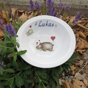 Children's tableware made of porcelain. Cute hippopotamus with heart and name. Sweet personalized gift for baptism, Easter, Christmas, school enrolment image 9