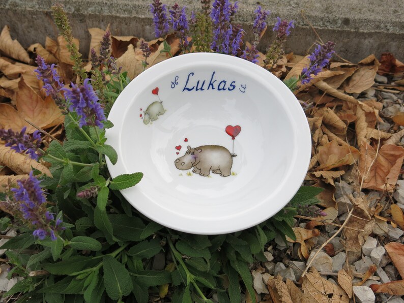 Children's tableware made of porcelain. Cute hippopotamus with heart and name. Sweet personalized gift for baptism, Easter, Christmas, school enrolment image 9