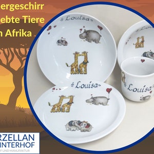 Porzellan Kindergeschirr: Verliebte Afrikanische Tiere mit Namen personalisiert. Geschenk für Geburtstag Weihnachten Ostern Taufe Geburt Bild 1