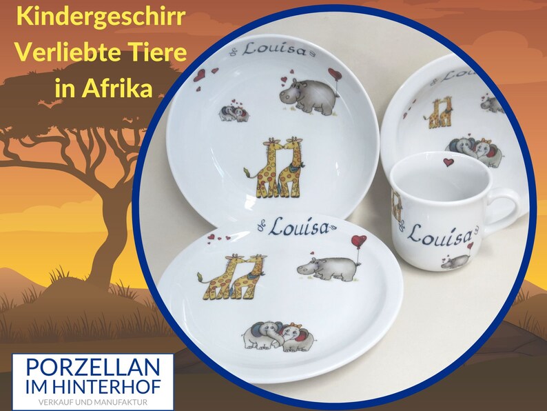 Porzellan Kindergeschirr: Verliebte Afrikanische Tiere mit Namen personalisiert. Geschenk für Geburtstag Weihnachten Ostern Taufe Geburt Bild 1