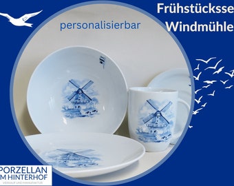 Frühstücksgeschirr Porzellan mit blauer Windmühle: 3teilig mit großen Tassen, Schale oder Bowl und Teller, Dekor im Delfter Stil weiß blau