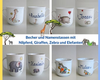 Elephant, giraffe, hippo, zebra: Porcelain mugs or name cups with exotic animals from Africa. Gift idea for children's drinking cups, birthdays