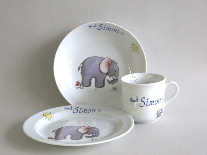 Kinder Frühstücksgeschirr: Elefant und Sonne mit Namen personalisiert, Porzellanset als Geschenk zu Ostern, Weihnachten, Taufe, Geburtstag Set 2 | 3-teilig