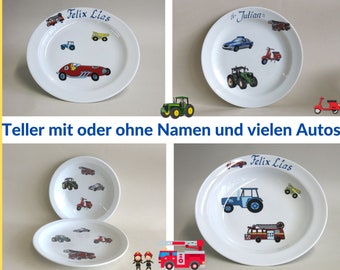 Dinner plate or soup plate made of porcelain with many vehicles such as fire brigade, truck, police, racing car, tractor, can be personalized