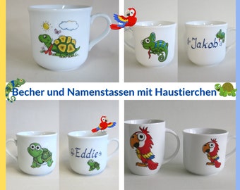 Schildkröten, Chamäleon und Papagei auf Porzellan Becher oder Namenstassen. Bunte Haustiere auf Tassen, Geschenk für Weihnachten, Ostern