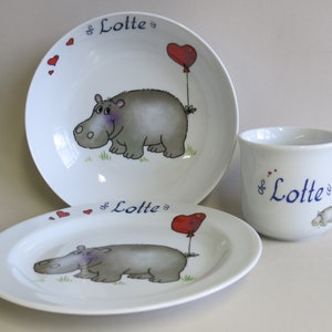 Children's tableware made of porcelain. Cute hippopotamus with heart and name. Sweet personalized gift for baptism, Easter, Christmas, school enrolment image 2