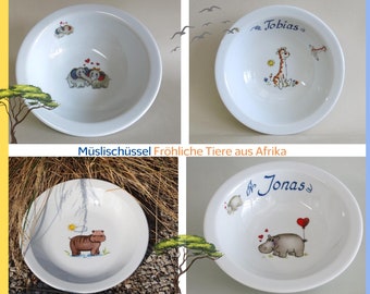 Müslischüssel mit afrikanischen Tieren und Name. Elefant, Giraffe, Nilpferd, Zebra, Frosch Geschenk für Kinder, Geburt. Müslischale für Brei