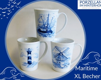 Extra large porcelain mug Erin with maritime motifs lighthouse, windmill and sailing boat, with or without handle, gift idea