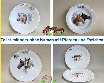 Tolle Pferdemotive und süße Eselchen auf Tellern aus  Porzellan für Frühstück, Mittagessen mit oder ohne Namen. Geschenk für Mädchen