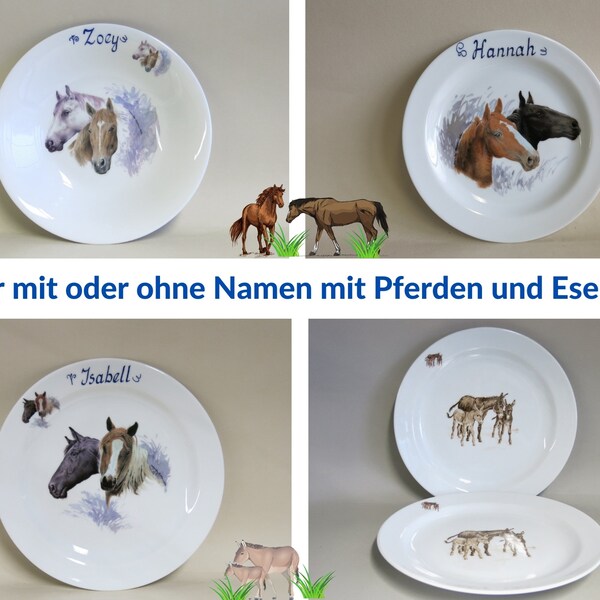 Tolle Pferdemotive und süße Eselchen auf Tellern aus  Porzellan für Frühstück, Mittagessen mit oder ohne Namen. Geschenk für Mädchen