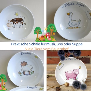 Kuh, Schweinchen, Gans, Schaf, Pferde, Katze: Schale Bauernhoftiere mit oder ohne Name. Geschenk für Kinder für das Frühstück, Breischale Bild 1