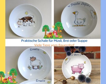 Kuh, Schweinchen, Gans, Schaf, Pferde, Katze: Schale Bauernhoftiere mit oder ohne Name. Geschenk für Kinder für das Frühstück, Breischale