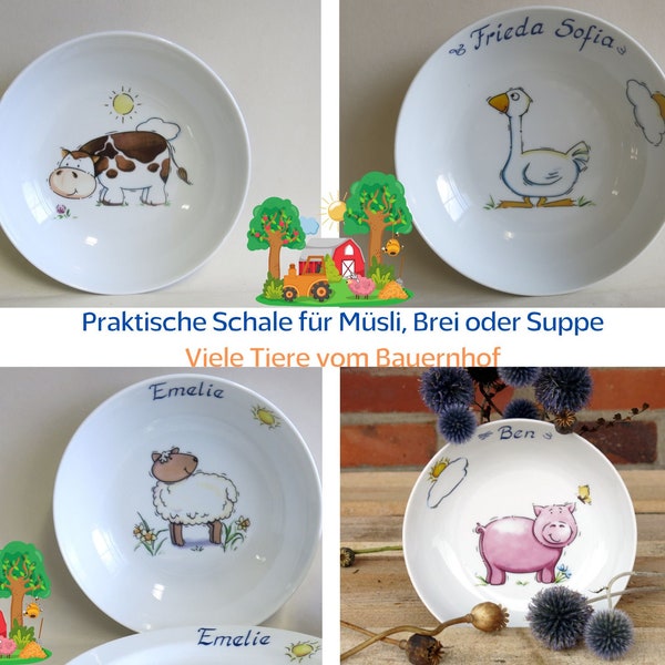 Kuh, Schweinchen, Gans, Schaf, Pferde, Katze: Schale Bauernhoftiere mit oder ohne Name. Geschenk für Kinder für das Frühstück, Breischale