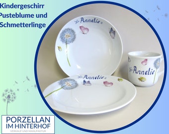 Porzellanset zarte Pusteblume und Schmetterlingen mit Namen personalisiert. Schön als Kindergeschirr aber auch Geschenkidee für Große