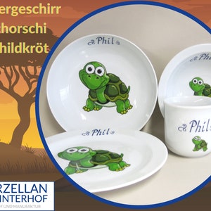 Porzellanset für Kinder: Schorschi Schildkröte mit Namen personalisiert. Essgeschirr aus Porzellan als Geschenk zu Weihnachten Ostern Geburt Bild 1