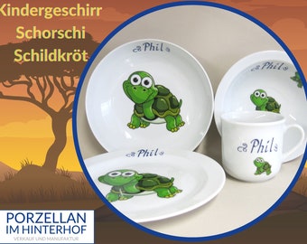 Porzellanset für Kinder: Schorschi Schildkröte mit Namen personalisiert. Essgeschirr aus Porzellan als Geschenk zu Weihnachten Ostern Geburt