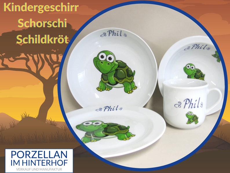 Porzellanset für Kinder: Schorschi Schildkröte mit Namen personalisiert. Essgeschirr aus Porzellan als Geschenk zu Weihnachten Ostern Geburt Bild 1