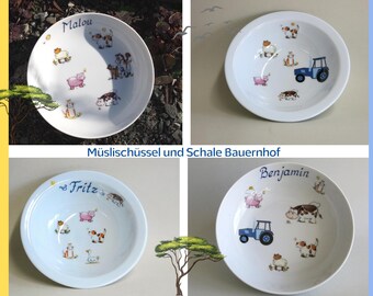 Wimmelbilder vom Bauernhof: Müslischüssel und Schalen mit Bauernhoftieren und Namen. Geschenk für Kinder auch als Breischale, Suppenteller