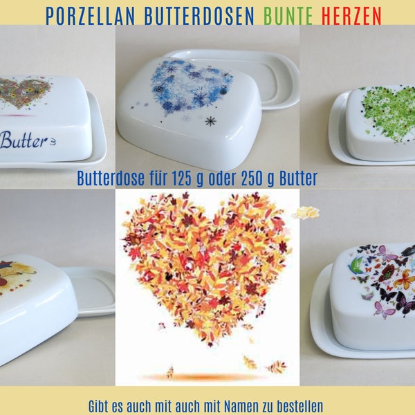Porzellan Butterdosen mit bunten Herzen und Herzmotiv nach Miro, personalisierbar mit Namen, Geschenkidee für Umzug zum Geburtstag