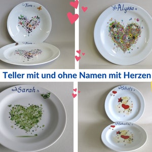 Porzellan Teller mit verschiedenen bunten Herzen für Frühstück, Mittagessen, Suppe. Mit Namen oder ohne Namen, Tolle Geschenkidee für Kinder Bild 1