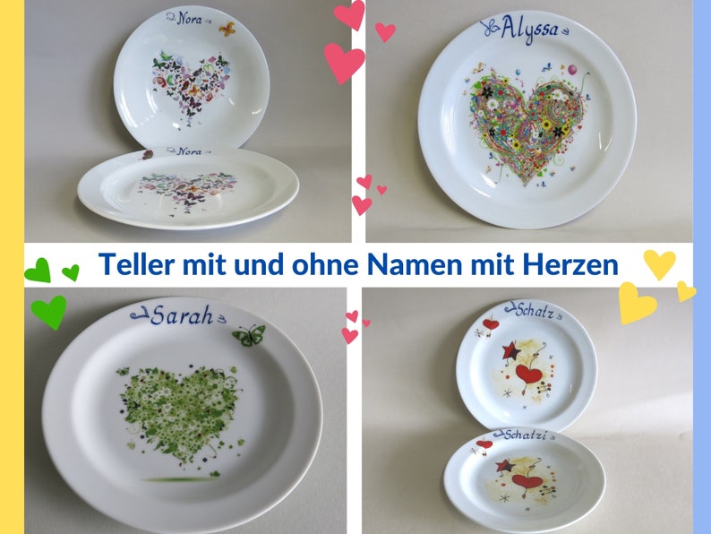 Porzellan Teller mit verschiedenen bunten Herzen für Frühstück, Mittagessen, Suppe. Mit Namen oder ohne Namen, Tolle Geschenkidee für Kinder Bild 1