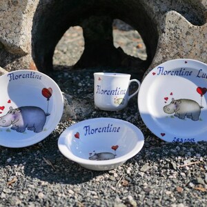 Children's tableware made of porcelain. Cute hippopotamus with heart and name. Sweet personalized gift for baptism, Easter, Christmas, school enrolment image 5