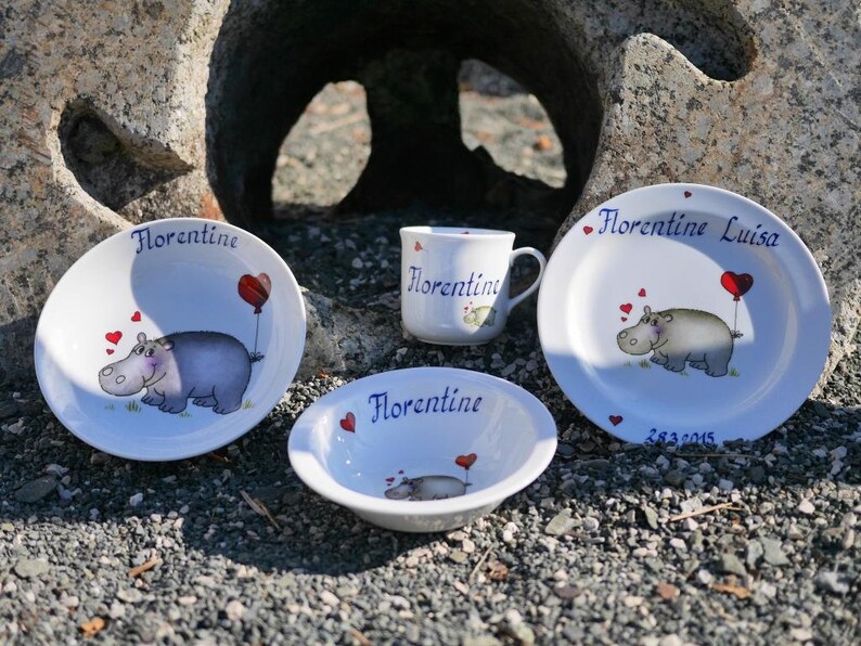 Children's tableware made of porcelain. Cute hippopotamus with heart and name. Sweet personalized gift for baptism, Easter, Christmas, school enrolment image 5