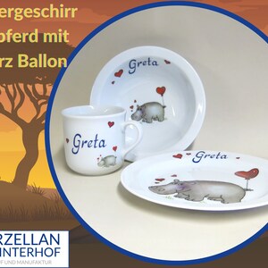 Children's tableware made of porcelain. Cute hippopotamus with heart and name. Sweet personalized gift for baptism, Easter, Christmas, school enrolment image 1