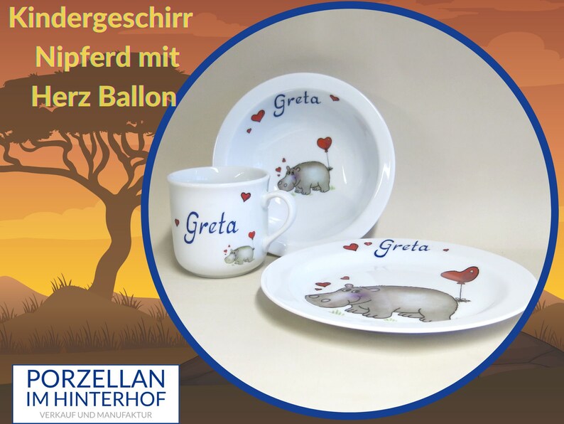 Children's tableware made of porcelain. Cute hippopotamus with heart and name. Sweet personalized gift for baptism, Easter, Christmas, school enrolment image 1