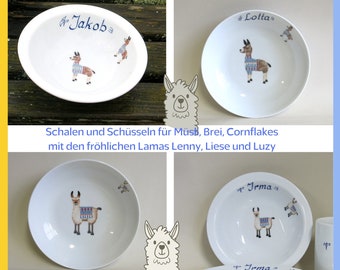 Müslischale oder Müslischüssel mit oder ohne Namen und mit bunten Lamas, Geschenkidee für Jung und Alt, für Cornflakes,Suppe, Pasta, Salat