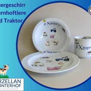 Bauernhoftiere und Traktor, personalisiertes Porzellan Geschirrset mit Namen: Schaf, Kuh, Schwein auf Geschenk für Weihnachten, Geburtstag image 1