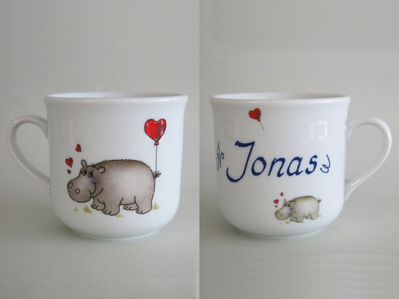 Children's tableware made of porcelain. Cute hippopotamus with heart and name. Sweet personalized gift for baptism, Easter, Christmas, school enrolment image 6