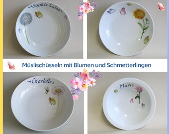 Porzellan Müslischale mit pastellfarbenen Schmetterlingen und Blumenmotiv mit oder ohne Namen, individuelle Geschenk für Groß und Klein
