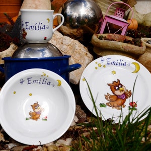 Porzellan Kindergeschirr mit putziger Eule, Sternen, Mond, personalisiert mit Namen. Geschenkidee zur Geburt, Geburtstag, Taufe, Weihnachten Bild 7