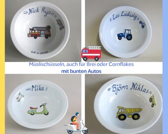 Müslischüssel mit Auto und Name. Feuerwehr, Polizei, LKW, Traktor, Roller, Vespa Geschenk für Kinder, Geburt. Für Brei oder Müsli. Fahrzeuge