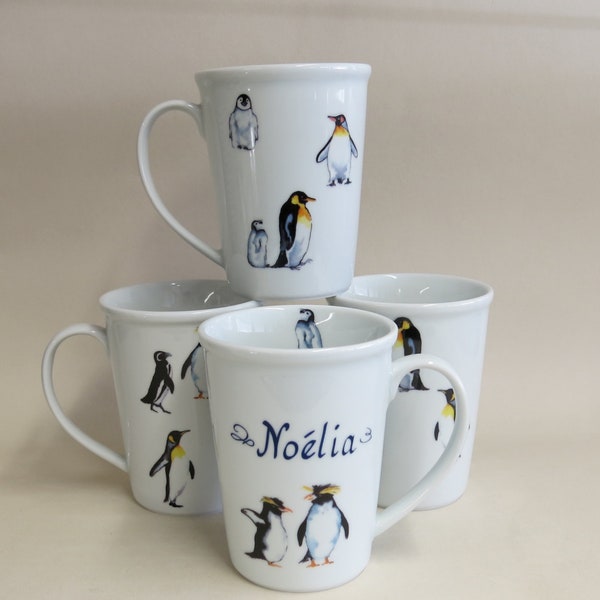 Große Namenstassen mit vielen Pinguine, Porzellanbecher mit oder ohne Namen . Geschenkidee für Pinguinfans, Königspinguin, Pinguinküken