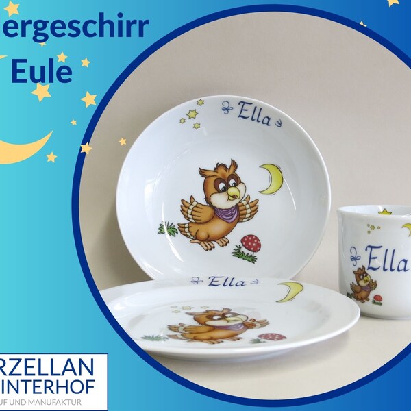 Porzellan Kindergeschirr mit putziger Eule, Sternen, Mond, personalisiert mit Namen. Geschenkidee zur Geburt, Geburtstag, Taufe, Weihnachten