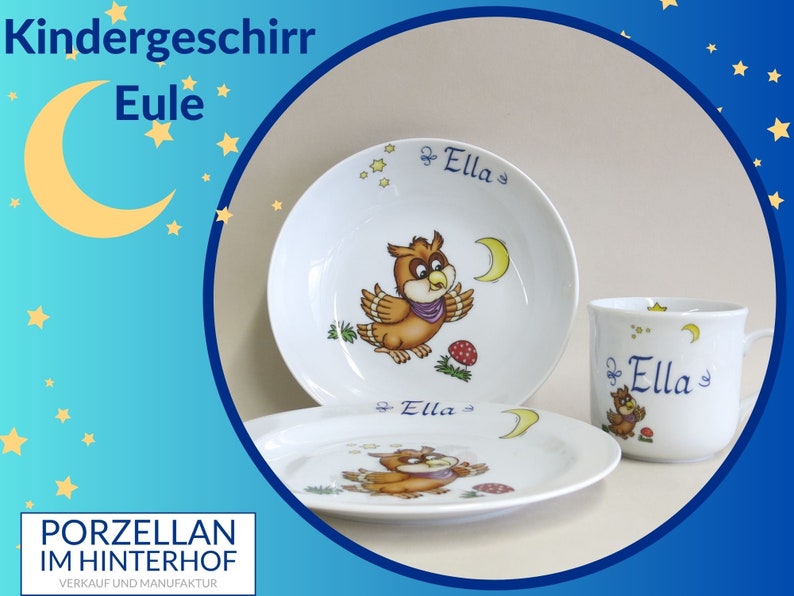 Porzellan Kindergeschirr mit putziger Eule, Sternen, Mond, personalisiert mit Namen. Geschenkidee zur Geburt, Geburtstag, Taufe, Weihnachten Set 2/Doppelname