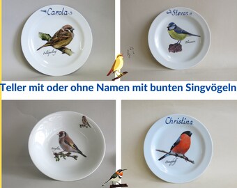 Wunderschöne Singvögel auf Tellern aus Porzellan für alle Mahlzeiten mit oder ohne Namen. Geschenkidee für kleine und große Naturfreunde