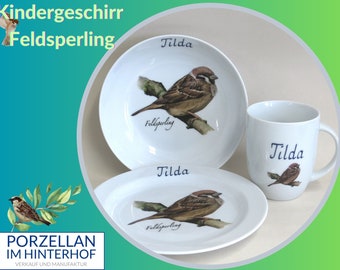 Feldsperling oder Spatz auf Porzellan Kindergeschirr mit Namen, Geschenk zu Weihnachten oder Ostern, Mitbringsel zum Geburtstag,